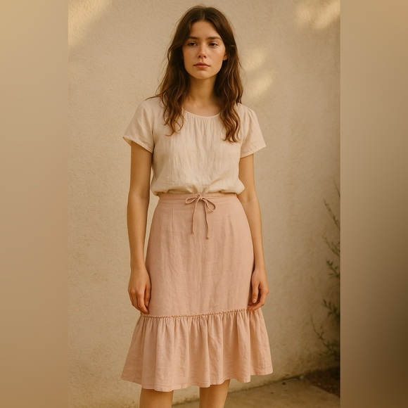 Vintage Linen Pale Pink Midi Skirt with Ruffle Hem + Adjustable Waist - Picture 2 of 6